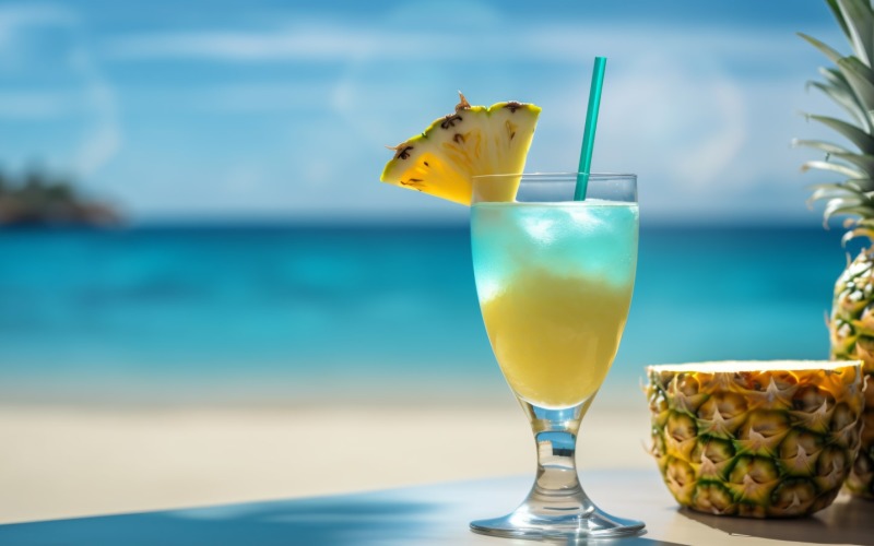 pineapple drink in cocktail glass and sand beach scene 133 Illustration