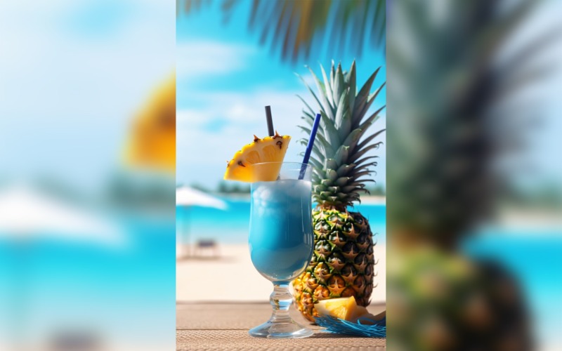 pineapple drink in cocktail glass and sand beach scene 134 Illustration