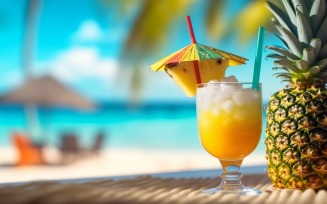 pineapple drink in cocktail glass and sand beach scene 136