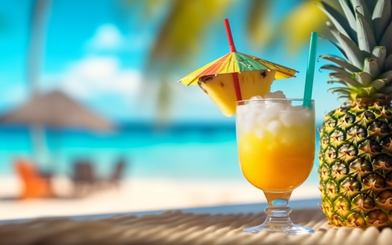 pineapple drink in cocktail glass and sand beach scene 136 Illustration