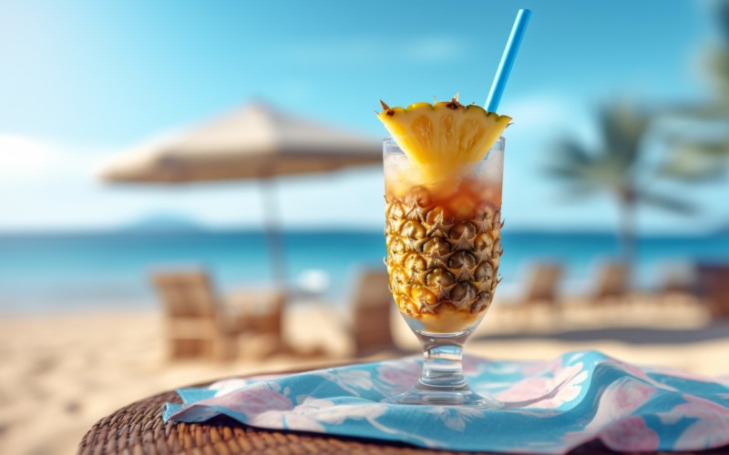 pineapple drink in cocktail glass and sand beach scene 138 Illustration