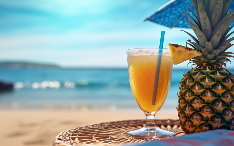 pineapple drink in cocktail glass and sand beach scene 140 Illustration