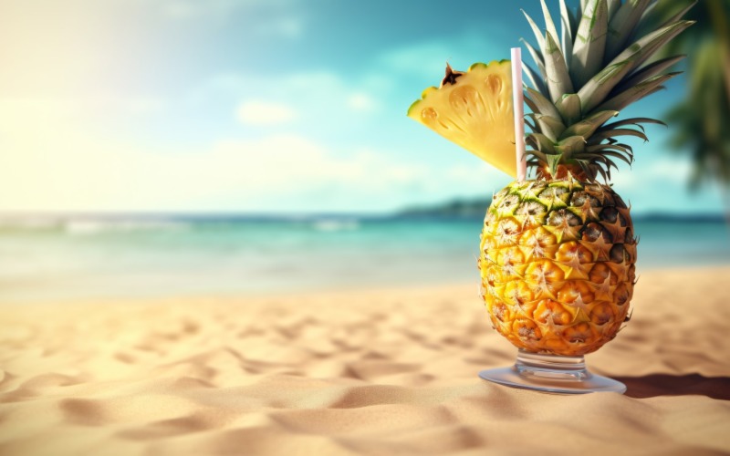 pineapple drink in cocktail glass and sand beach scene 141 Illustration