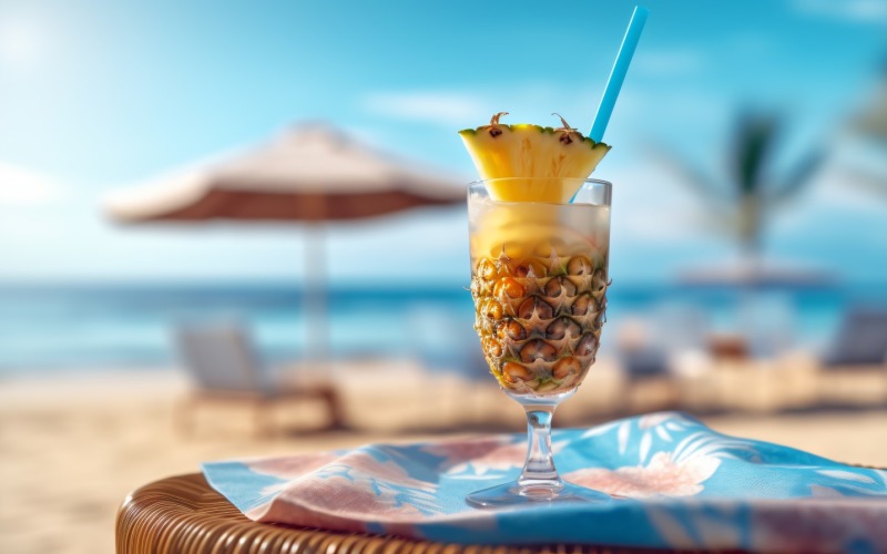 pineapple drink in cocktail glass and sand beach scene 142 Illustration