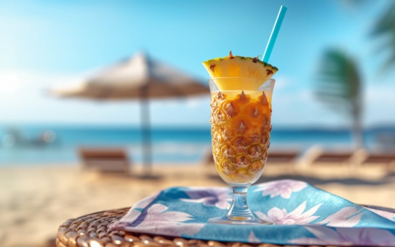 pineapple drink in cocktail glass and sand beach scene 144 Illustration