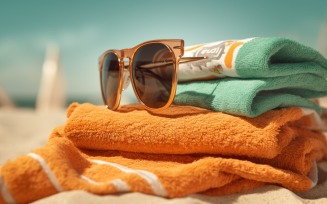 Stack of towels, sunglasses and tanning oil bottle 111