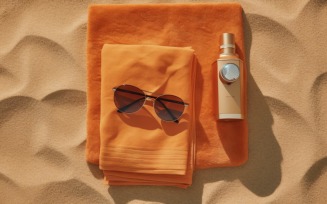 Stack of towels, sunglasses and tanning oil bottle 201