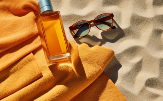 Stack of towels, sunglasses and tanning oil bottle 202