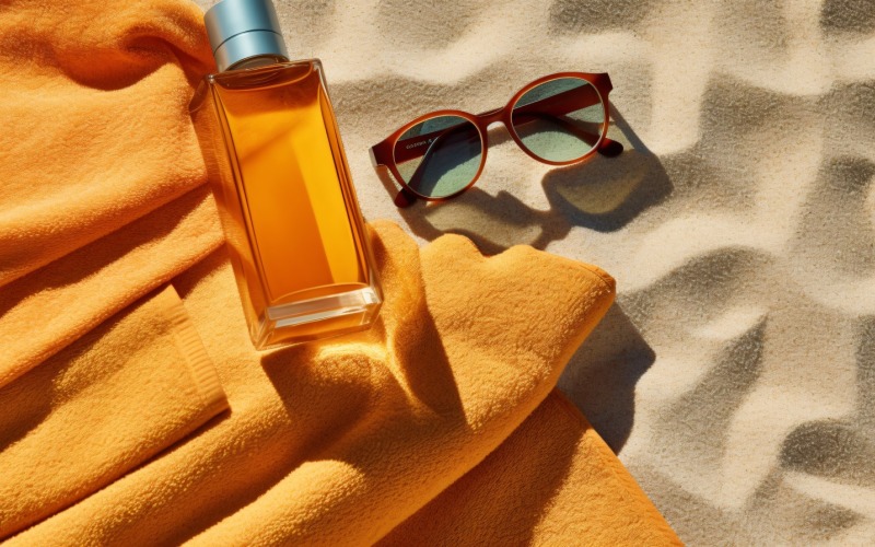 Stack of towels, sunglasses and tanning oil bottle 202 Illustration