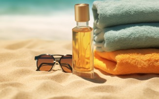 Stack of towels, sunglasses and tanning oil bottle 203