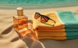Stack of towels, sunglasses and tanning oil bottle 204