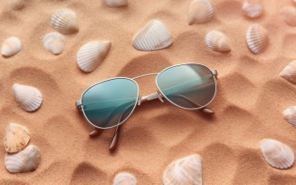 Sunglasses seashells and beach accessories on sandy beach 186