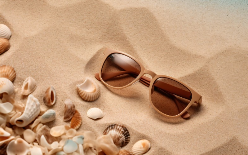 Sunglasses seashells and beach accessories on sandy beach 187 Illustration