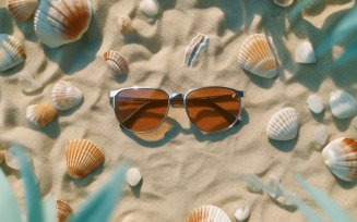 Sunglasses seashells and beach accessories on sandy beach 188