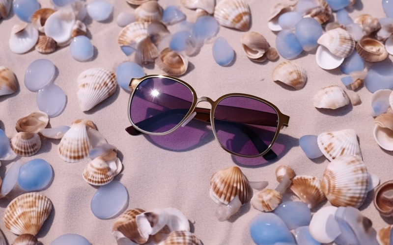 Sunglasses seashells and beach accessories on sandy beach 189 Illustration