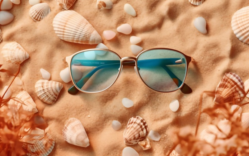 Sunglasses seashells and beach accessories on sandy beach 190 Illustration