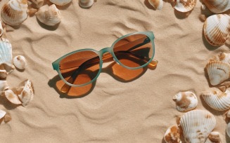 Sunglasses seashells and beach accessories on sandy beach 191