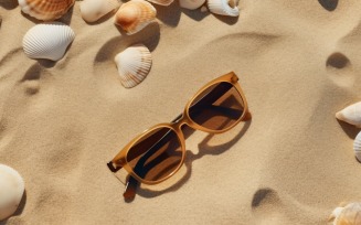 Sunglasses seashells and beach accessories on sandy beach 193
