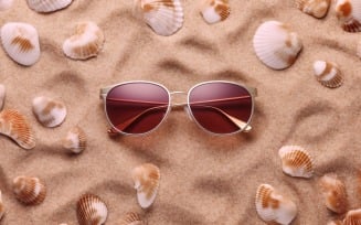 Sunglasses seashells and beach accessories on sandy beach 194