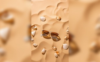 Sunglasses seashells and beach accessories on sandy beach 195