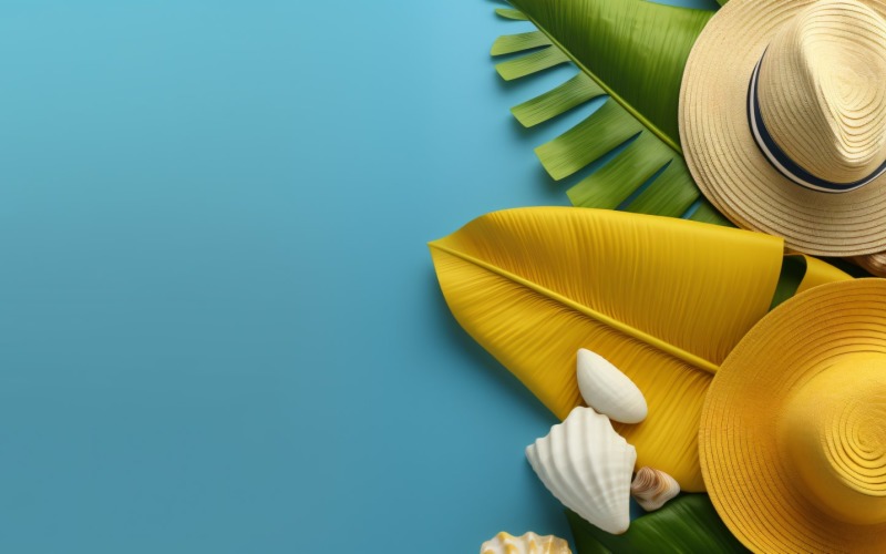 Beach accessories hat sunglasses seashells and monstera leaf 287 Illustration