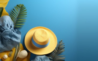 Beach accessories hat sunglasses seashells and monstera leaf 288