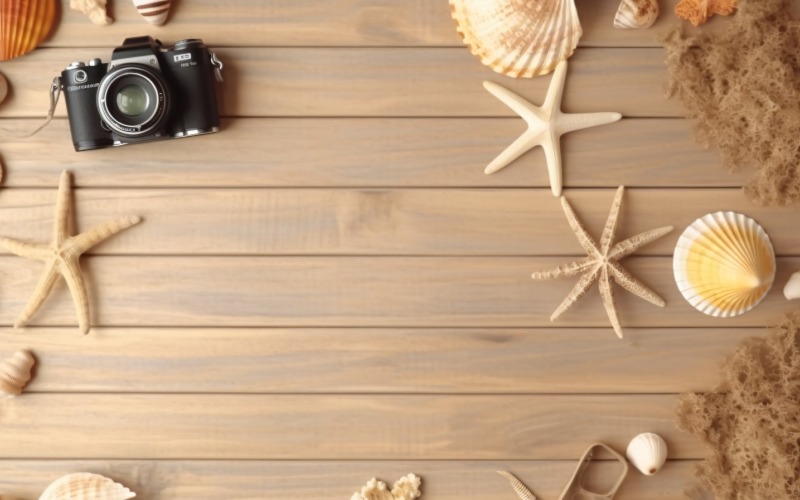 Beach accessories starfish and seashell on wooden background 218 Illustration