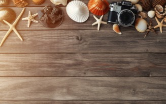 Beach accessories starfish and seashell on wooden background 222