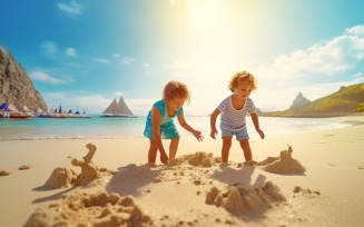 Kids playing with sand in beach scene 227