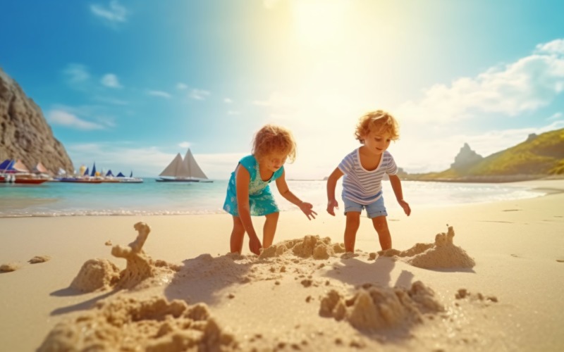 Kids playing with sand in beach scene 227 Illustration