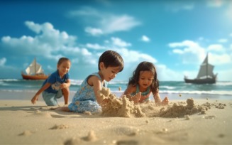 Kids playing with sand in beach scene 228