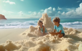 Kids playing with sand in beach scene 230