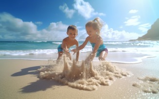 Kids playing with sand in beach scene 231