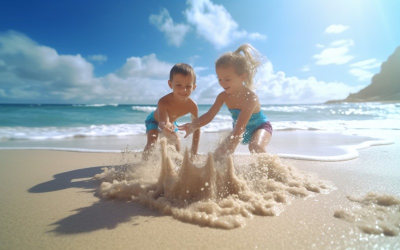 Kids playing with sand in beach scene 231 Illustration