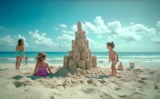 Kids playing with sand in beach scene 233