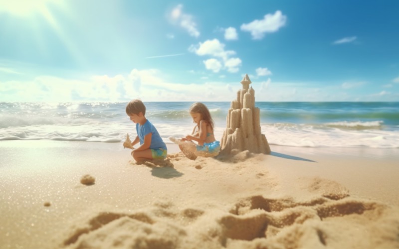 Kids playing with sand in beach scene 237 Illustration