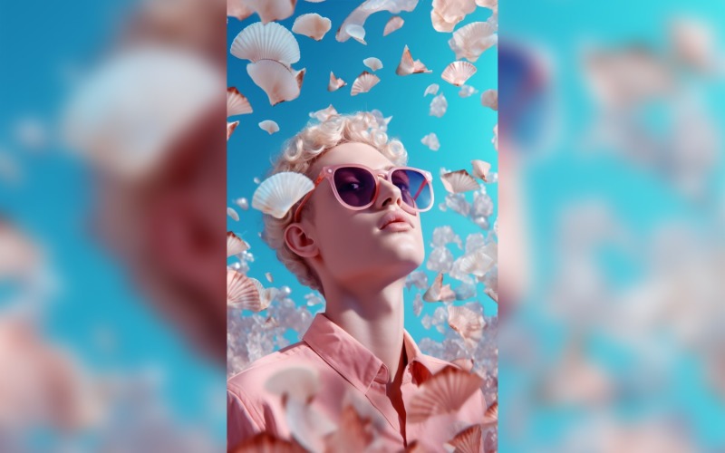Sunny day Boy with sunglasses seashells falling background 301 Illustration