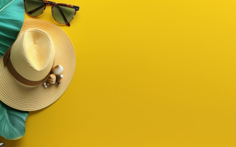 Beach accessories hat sunglasses and monstera leaf 355 Illustration