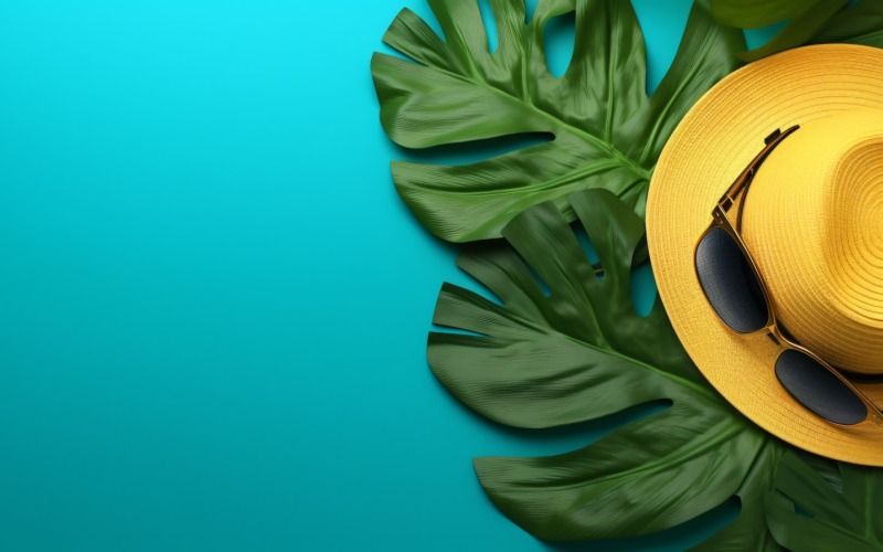 Beach accessories hat sunglasses and monstera leaf 358 Illustration