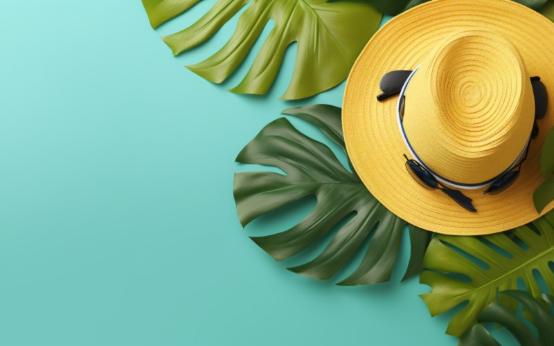 Beach accessories hat sunglasses and monstera leaf 359 Illustration