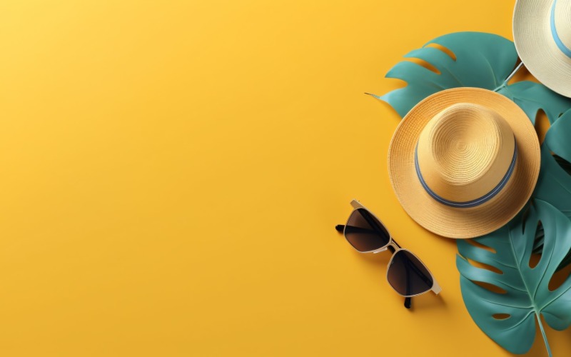 Beach accessories hat sunglasses and monstera leaf 361 Illustration