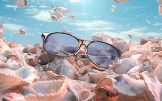 Beach sunglasses and seashells falling summer background 317