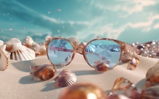 Beach sunglasses and seashells falling summer background 321