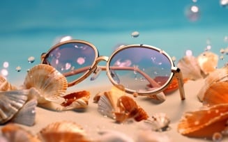 Beach sunglasses and seashells falling summer background 322