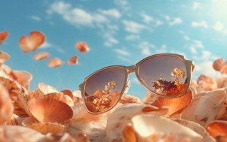 Beach sunglasses and seashells falling summer background 323