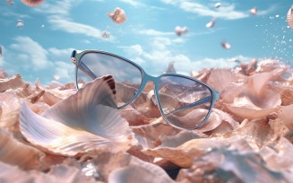 Beach sunglasses and seashells falling summer background 326