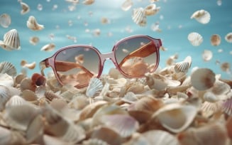 Beach sunglasses and seashells falling summer background 332