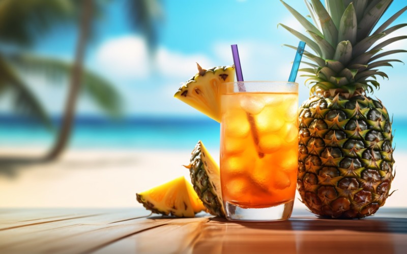 Pineapple drink in cocktail glass and sand beach scene 394 Illustration
