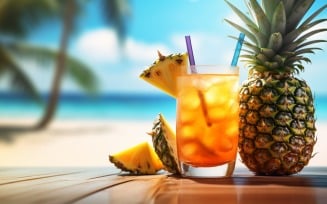 Pineapple drink in cocktail glass and sand beach scene 394