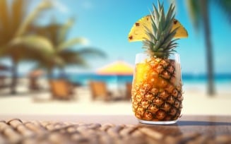 Pineapple drink in cocktail glass and sand beach scene 396